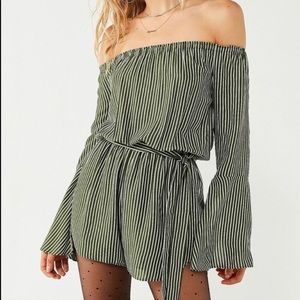 ❌SOLD UO Green/White Stripe Off the Shoulder Romper